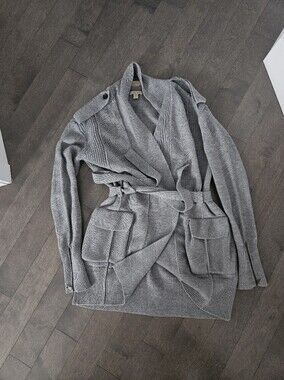 Burberry Brit Authentic Gray Ribbed Knit Cardigan with Tie Waist